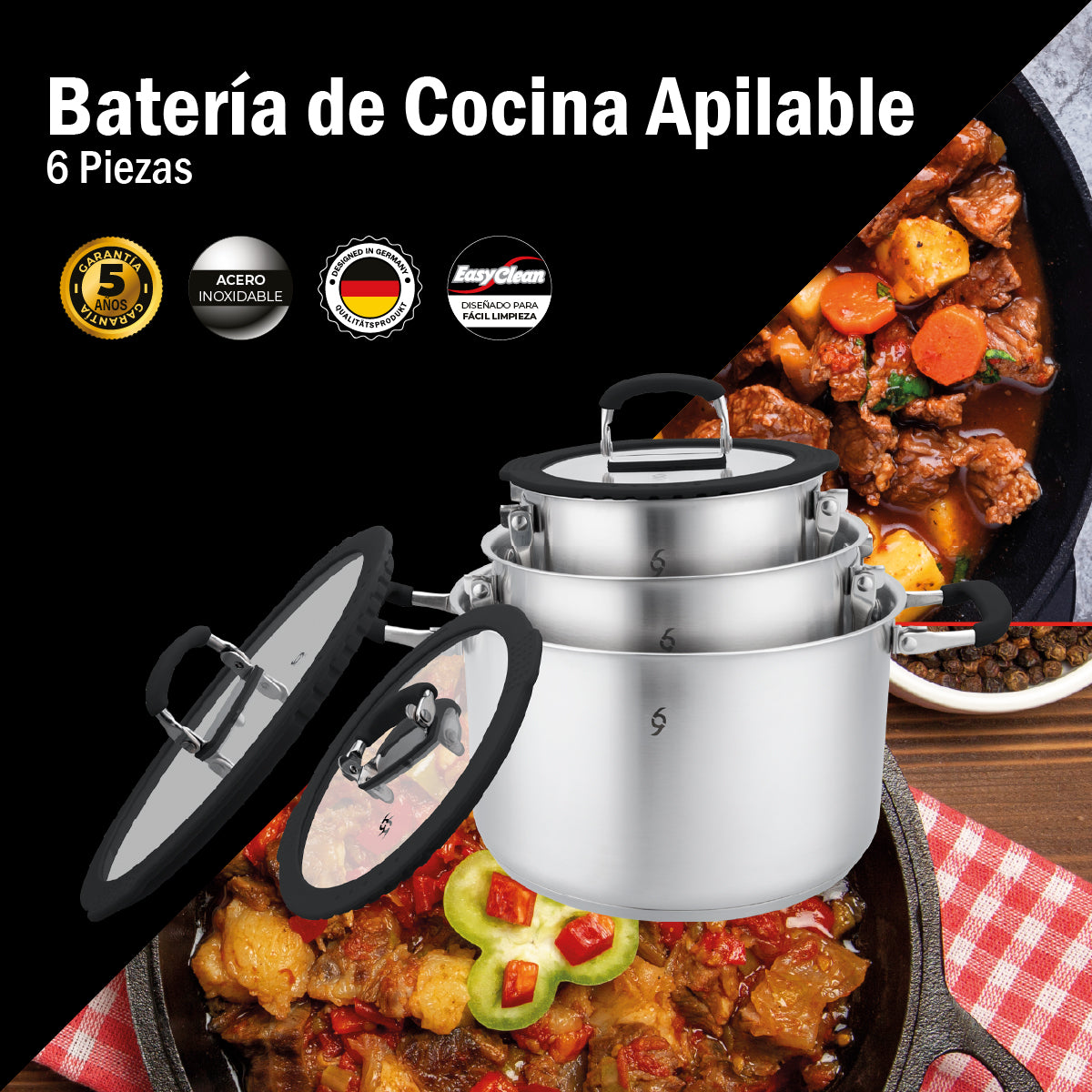 Bogner Batería De Cocina Apilable 6 Pz Acero Inox BCPS06AP