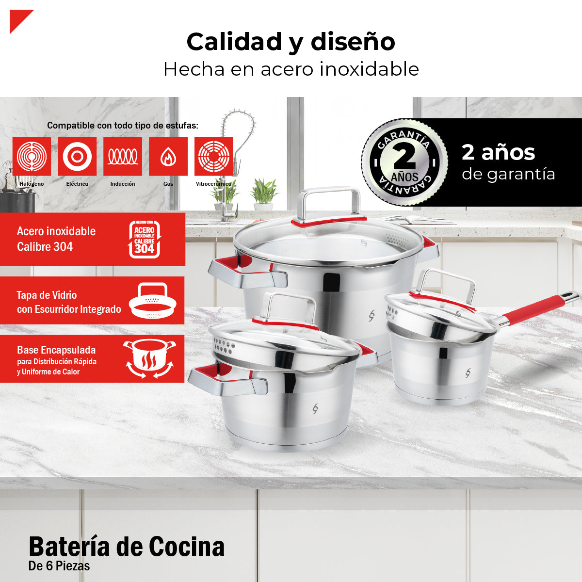 Bogner Batería De Cocina Acero Inoxidable 6 Piezas BCPS06SS