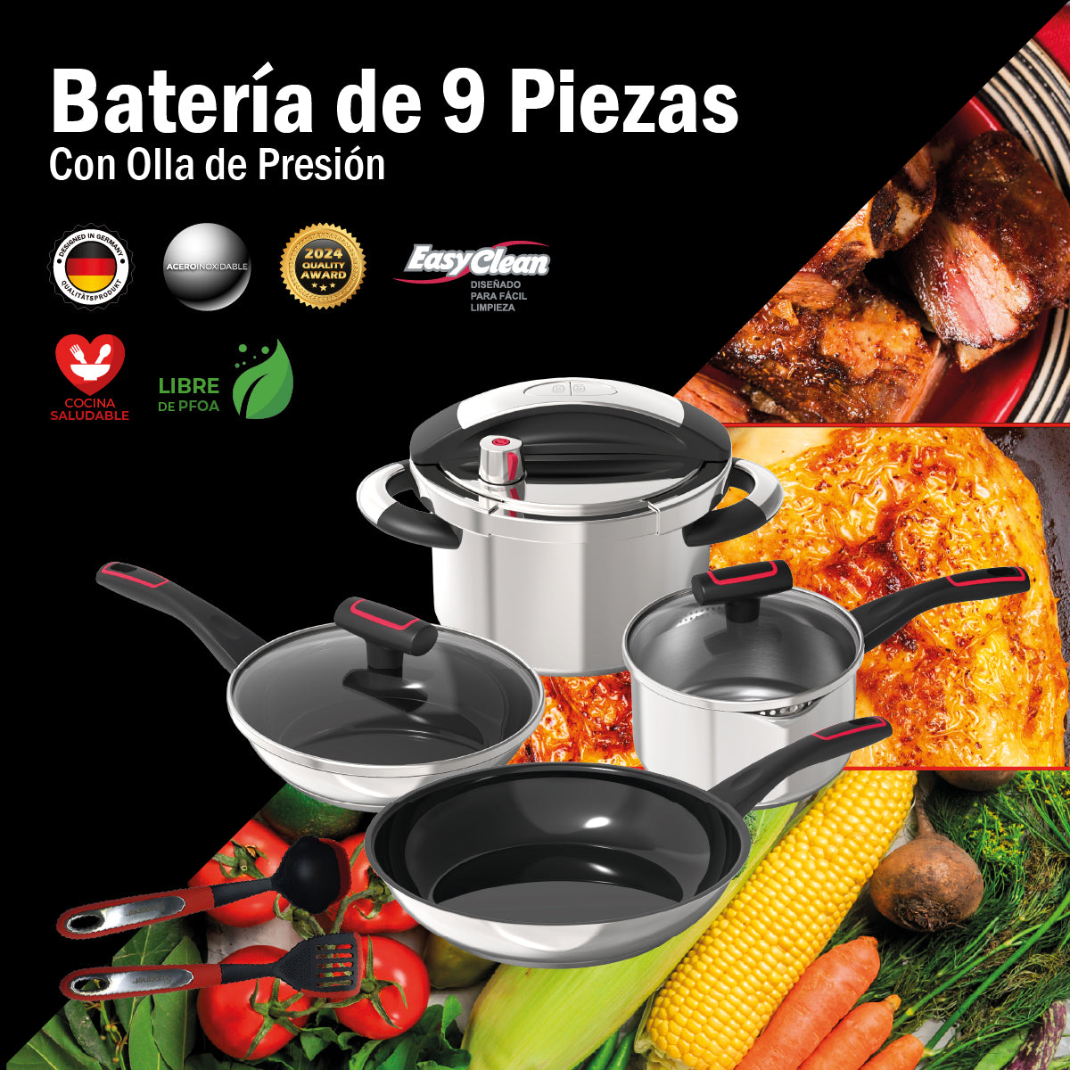 Batería De Cocina Con Olla De Presión | Acero Inox Cal 304 9pzs