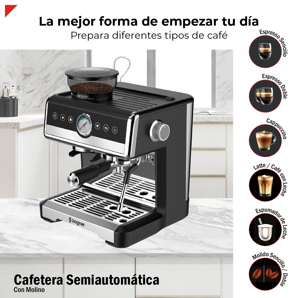 Bogner Cafetera Espresso BDCM22 20 Bares – Molinillo Integrado, Espumador de Leche, 2 Tazas, 2.6L, 2250W
