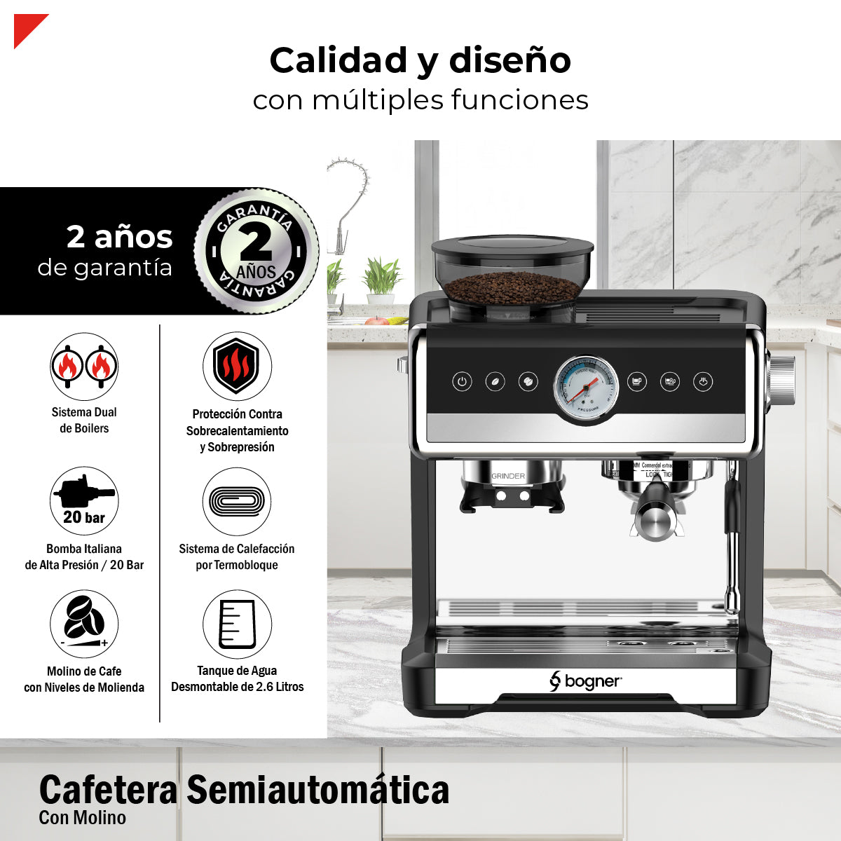 Bogner Cafetera Espresso BDCM22 20 Bares – Molinillo Integrado, Espumador de Leche, 2 Tazas, 2.6L, 2250W