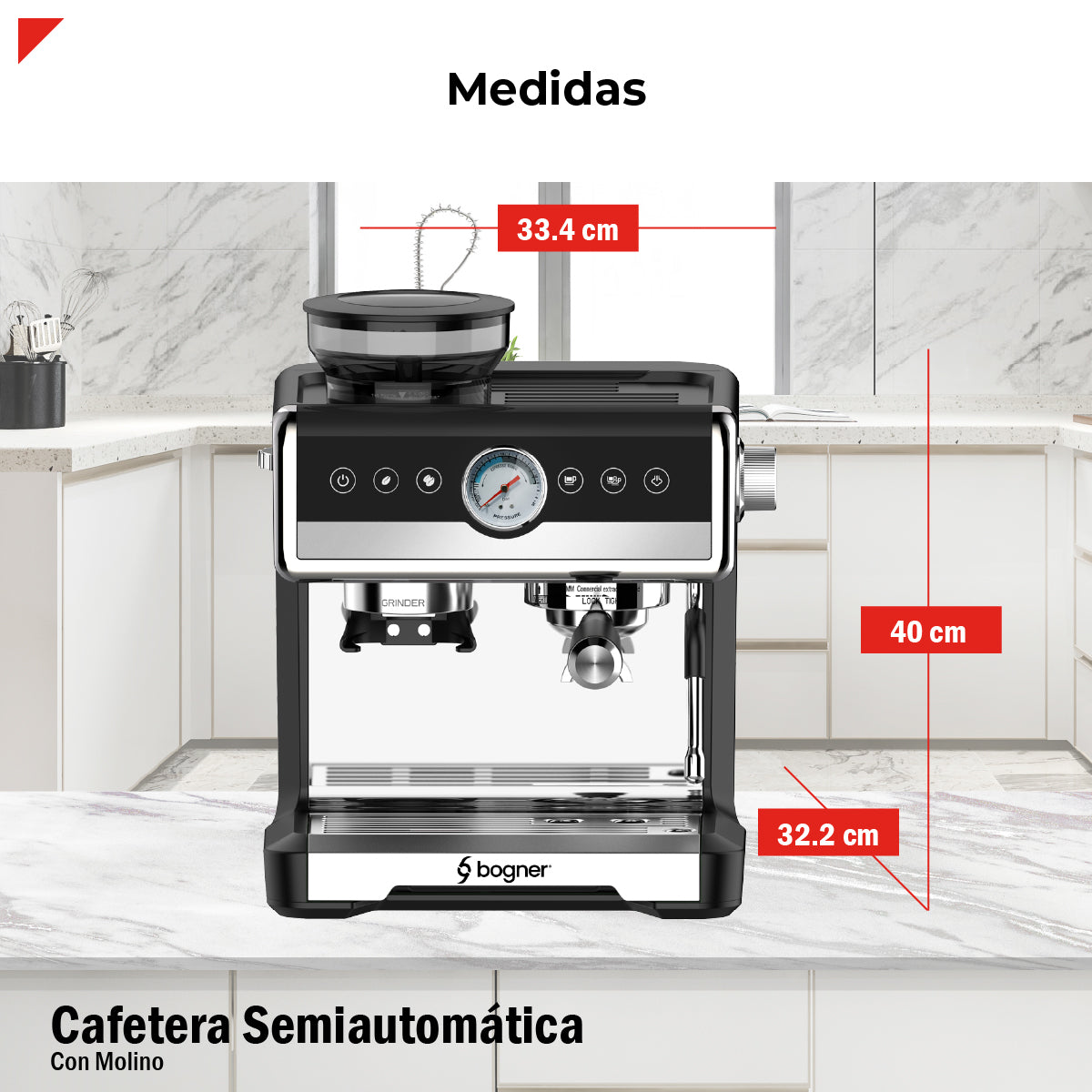 Bogner Cafetera Espresso BDCM22 20 Bares – Molinillo Integrado, Espumador de Leche, 2 Tazas, 2.6L, 2250W