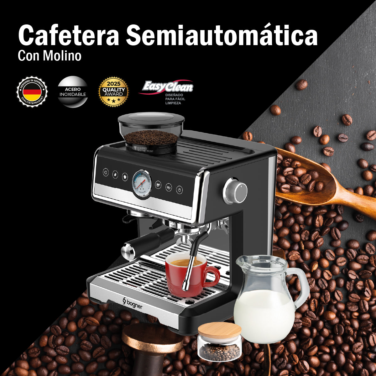 Bogner Cafetera Espresso BDCM22 20 Bares – Molinillo Integrado, Espumador de Leche, 2 Tazas, 2.6L, 2250W