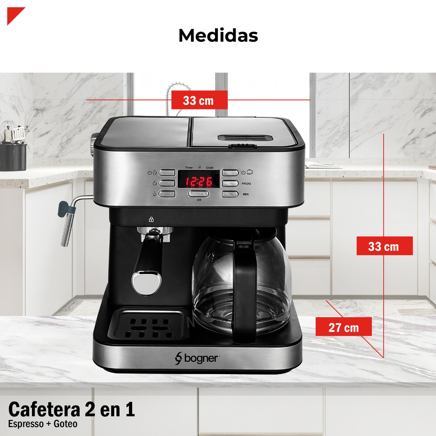 Cafetera 2 en 1 Espresso + Goteo Acero Inoxidable Bogner