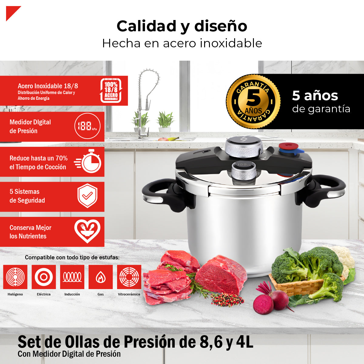 Bogner Juego De Ollas Express Bogner 8, 6 Y 4 Litros De Acero Inox