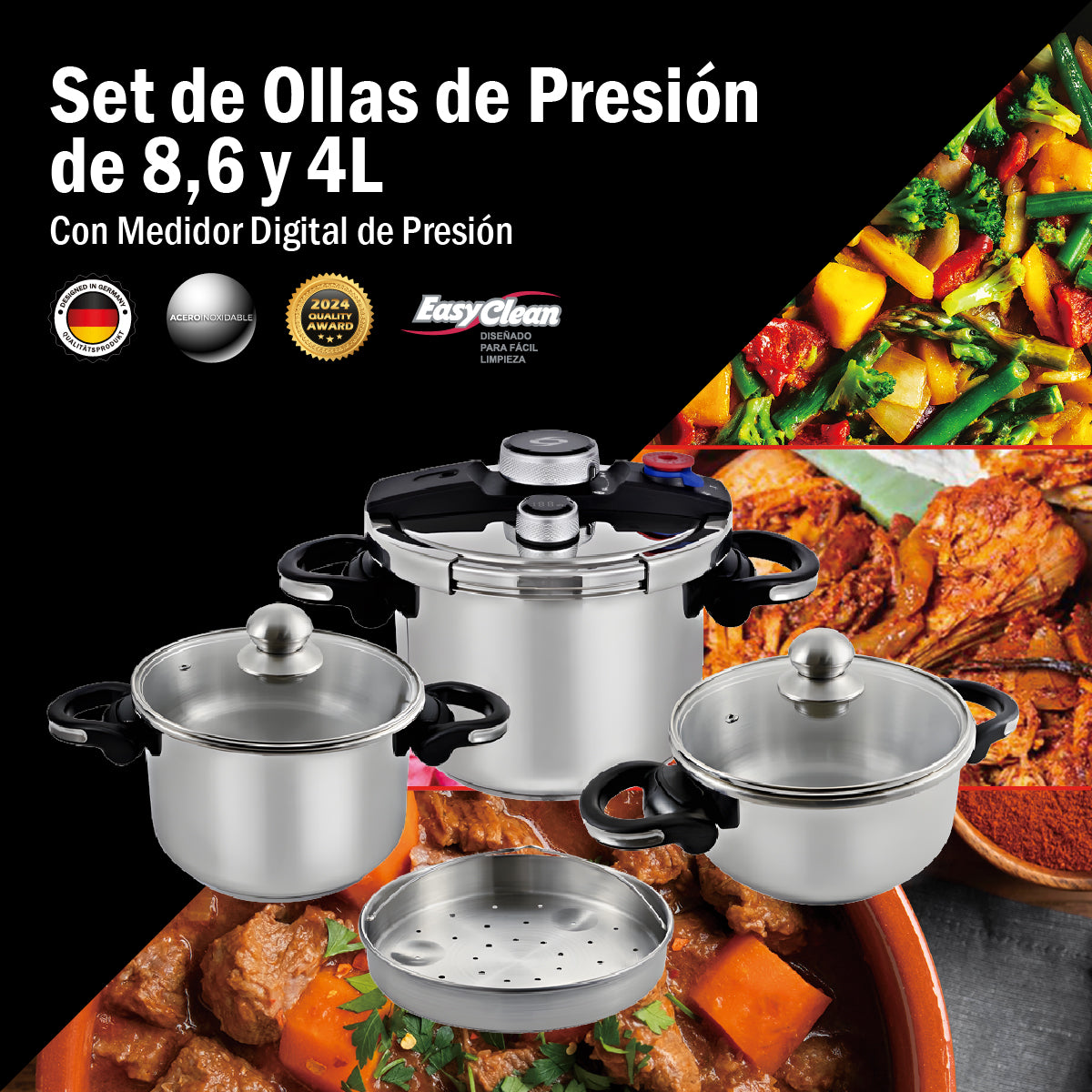 Bogner Juego De Ollas Express Bogner 8, 6 Y 4 Litros De Acero Inox