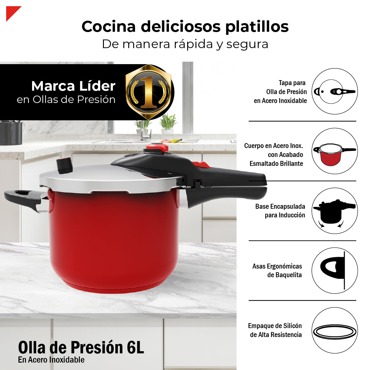 Bogner Olla de Presión de 6L BPCR06L – Acero Inoxidable 304, 5 Sistemas de Seguridad, 2 Niveles de Cocción