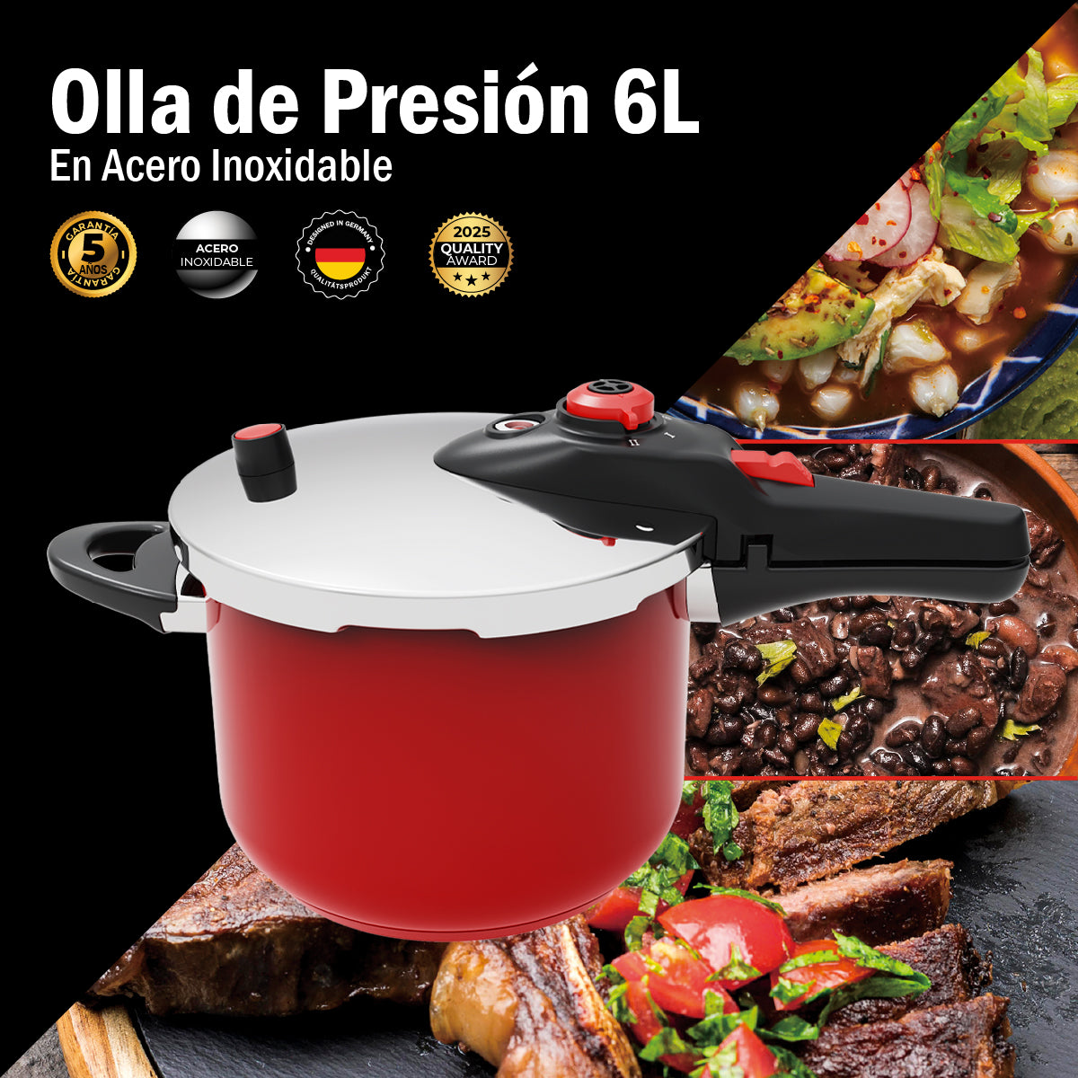 Bogner Olla de Presión de 6L BPCR06L – Acero Inoxidable 304, 5 Sistemas de Seguridad, 2 Niveles de Cocción