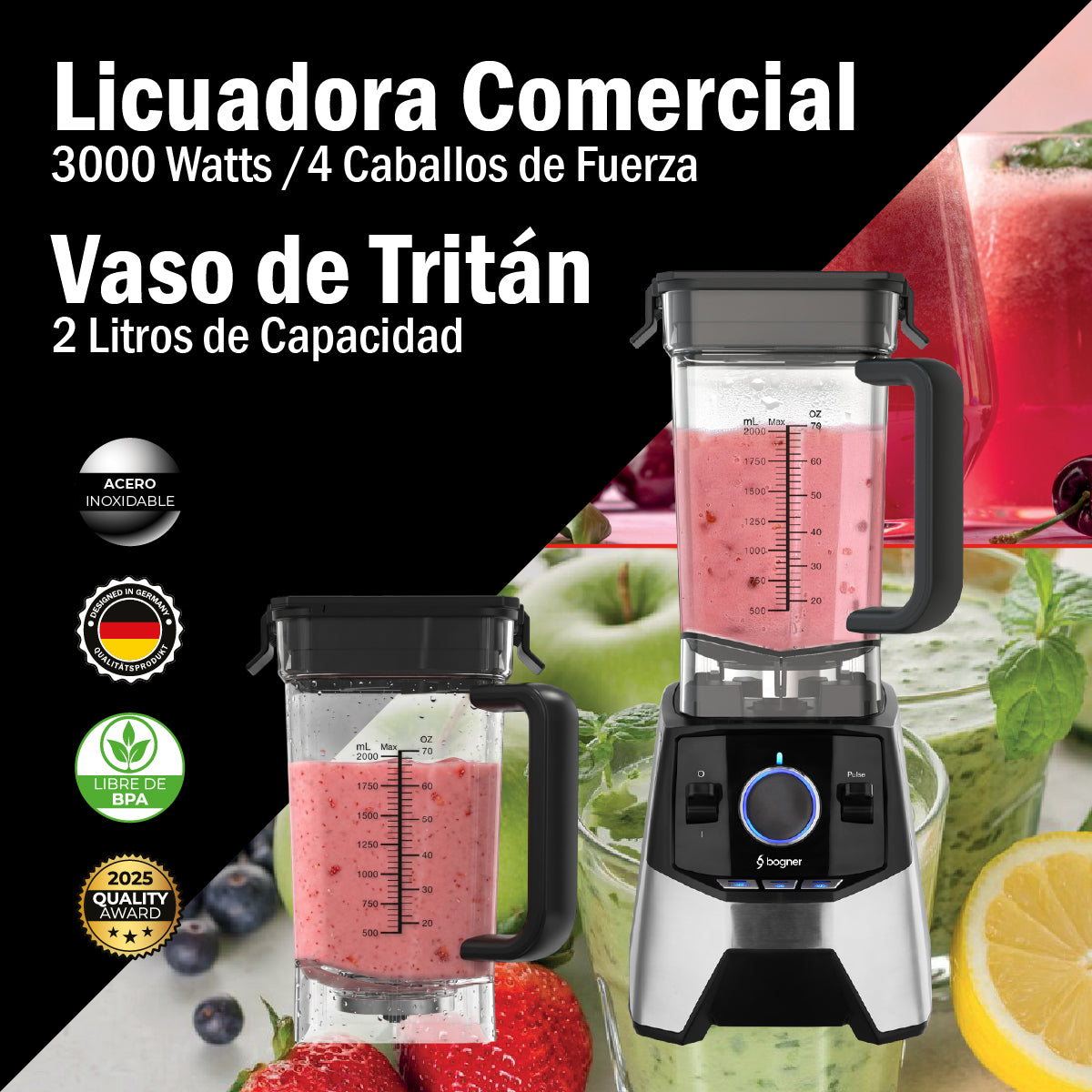 Bogner Combo Licuadora Profesional BSB09S – 3000W, 2L, Cuchillas Titanio + Vaso Extra