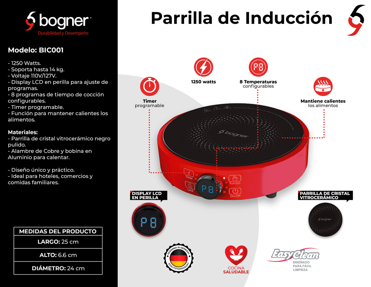 Parrilla de inducción Eléctrica Rojo de 24cm