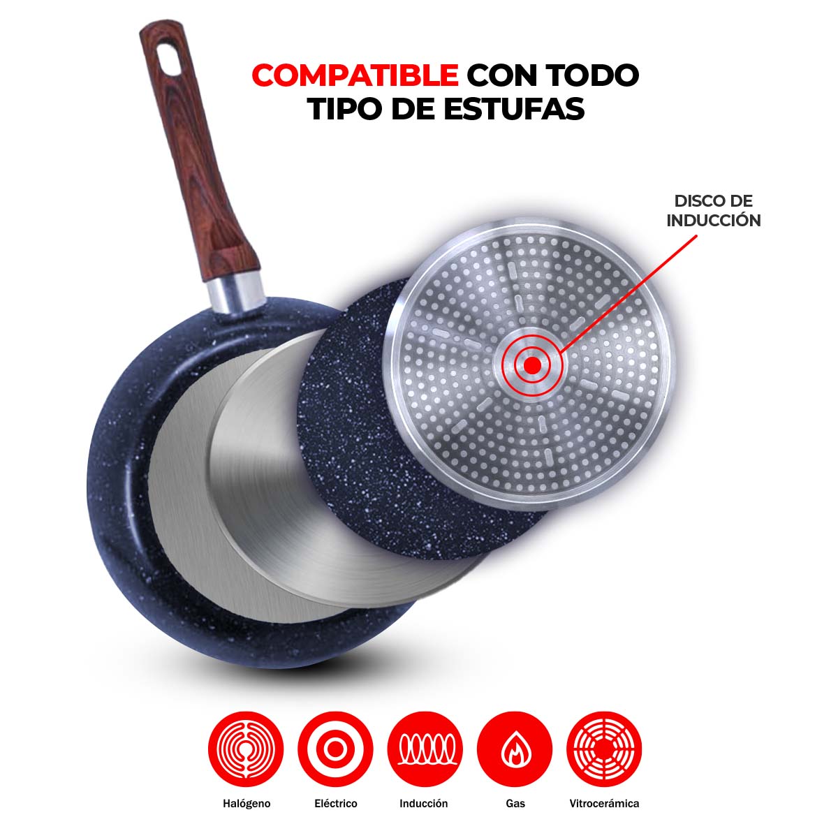Set de Comal y Sartén 24 y 25 cm de granito y madera con doble antiadherente