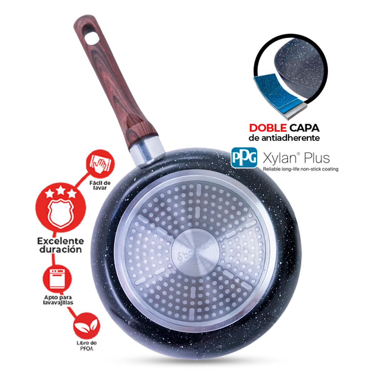 Set de Comal y Sartén 24 y 25 cm de granito y madera con doble antiadherente
