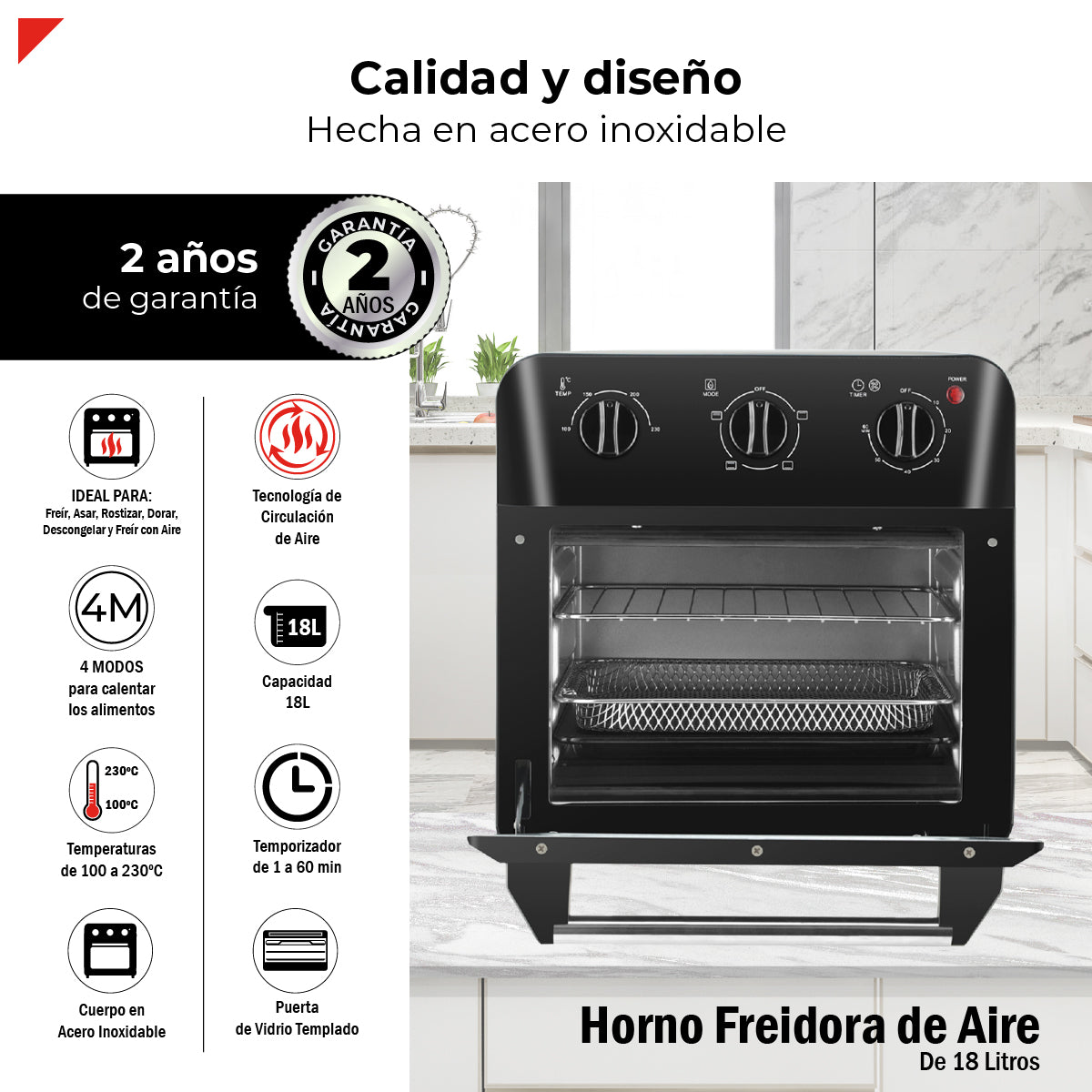 Bogner Horno Freidora De Aire 18 Litros Acero Inox BAF18
