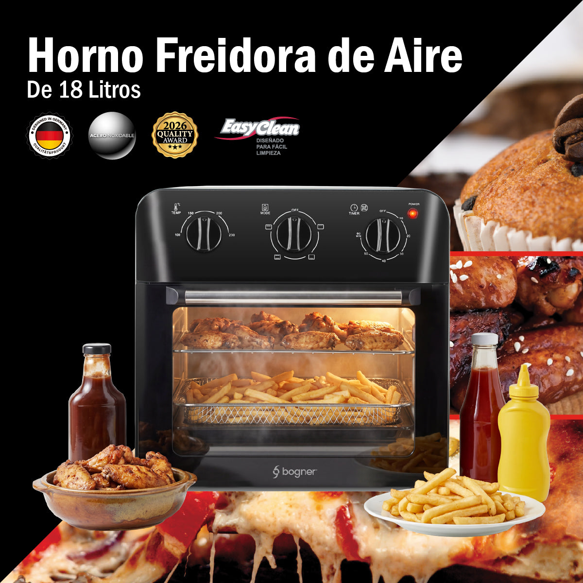 Bogner Horno Freidora De Aire 18 Litros Acero Inox BAF18