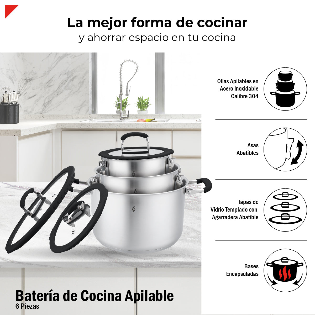 Bogner Batería De Cocina Apilable 6 Pz Acero Inox BCPS06AP