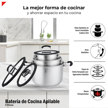 Bogner Batería De Cocina Apilable 6 Pz Acero Inox BCPS06AP