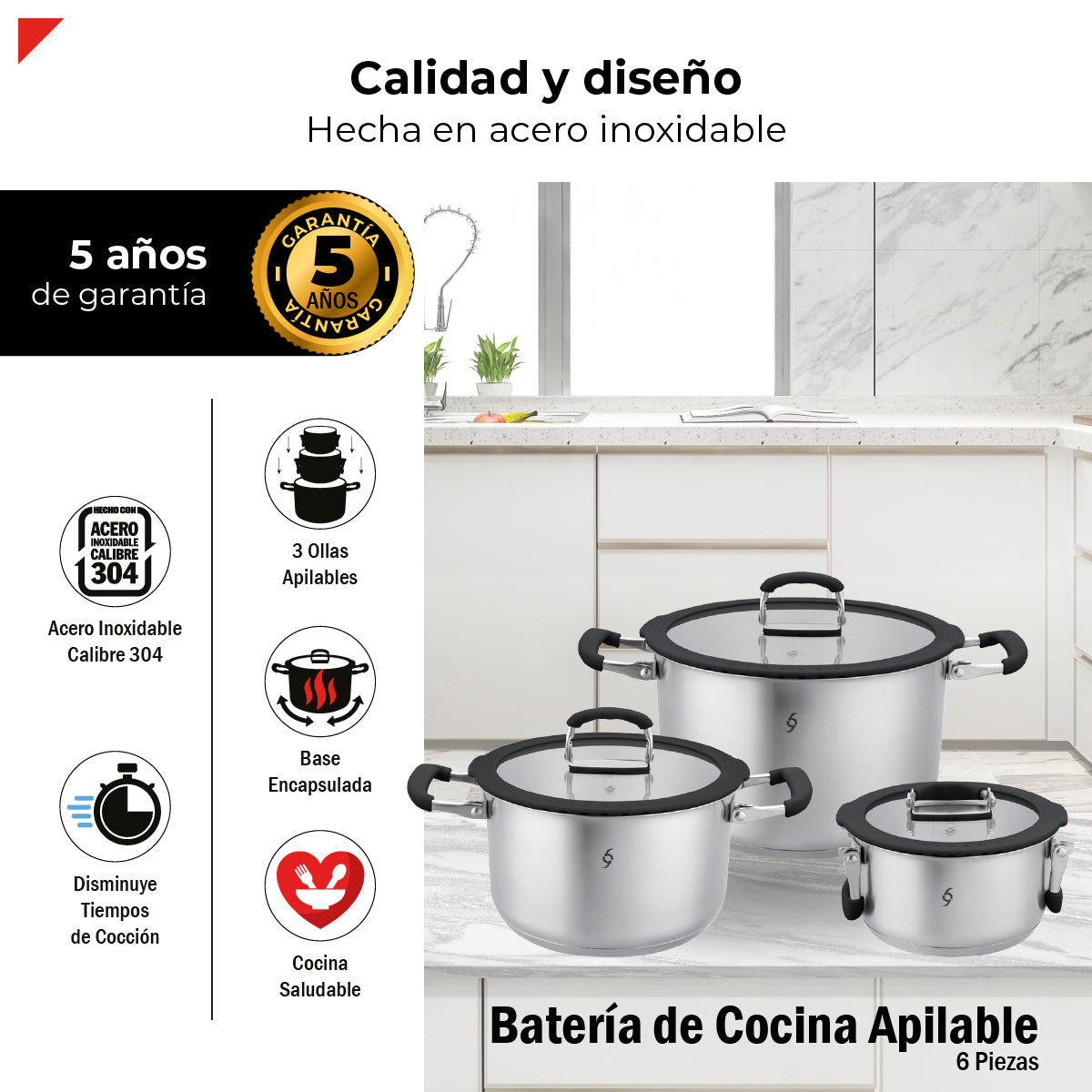 Bogner Batería De Cocina Apilable 6 Pz Acero Inox BCPS06AP