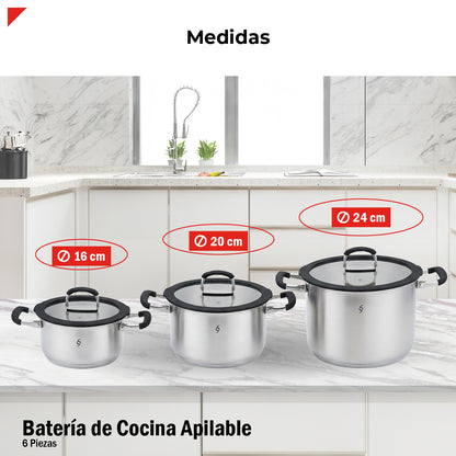 Bogner Batería De Cocina Apilable 6 Pz Acero Inox BCPS06AP
