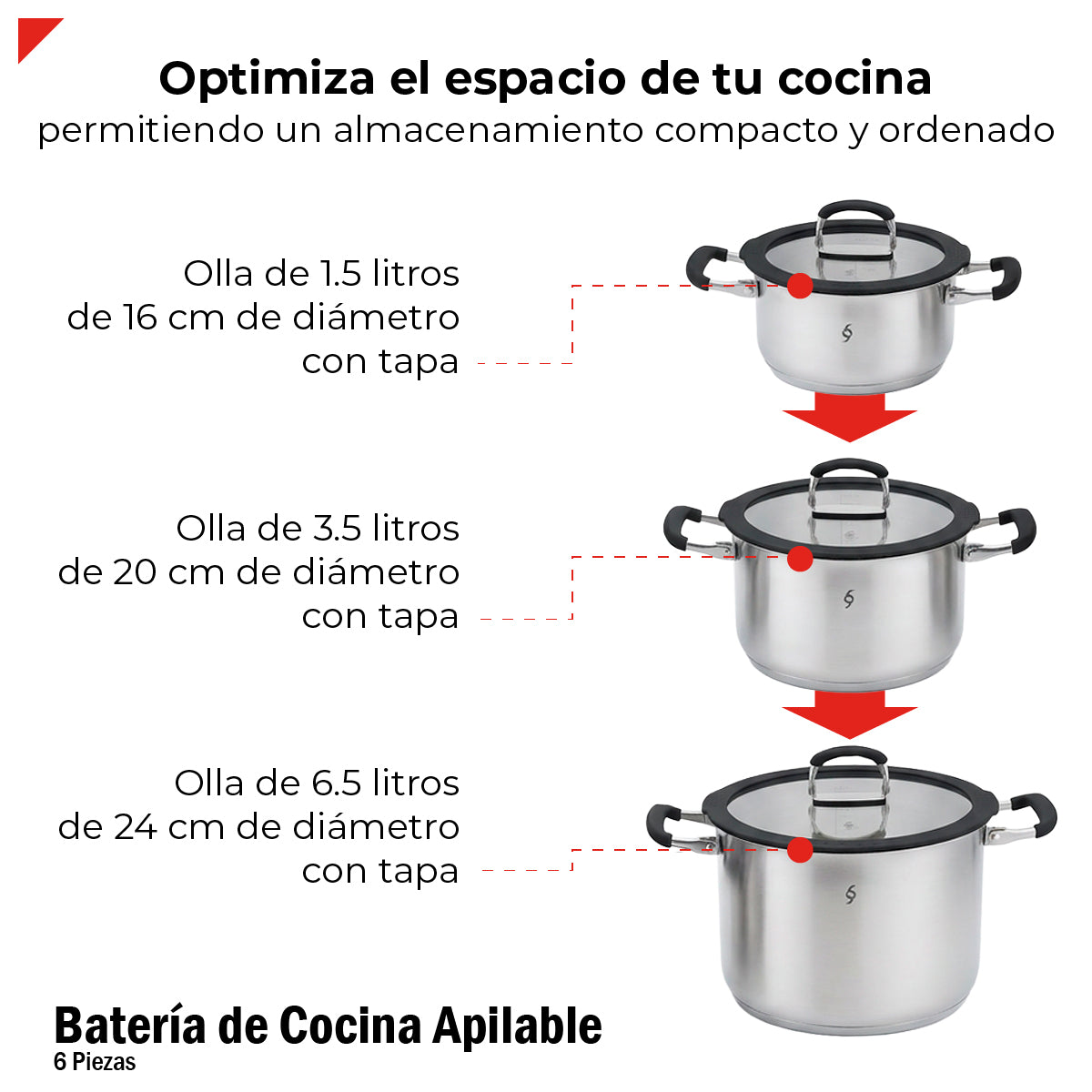 Bogner Batería De Cocina Apilable 6 Pz Acero Inox BCPS06AP