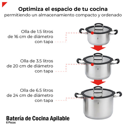 Bogner Batería De Cocina Apilable 6 Pz Acero Inox BCPS06AP