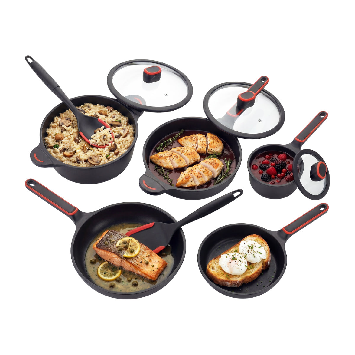 Batería de Cocina de 10 Piezas BCPS08BK de Aluminio Fundido con Antiadherente y Tapas de Vidrio