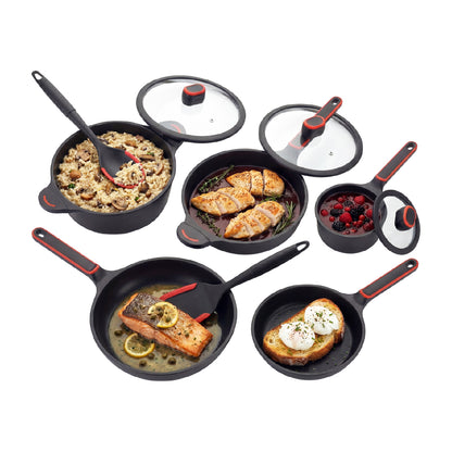 Batería de Cocina de 10 Piezas BCPS08BK de Aluminio Fundido con Antiadherente y Tapas de Vidrio