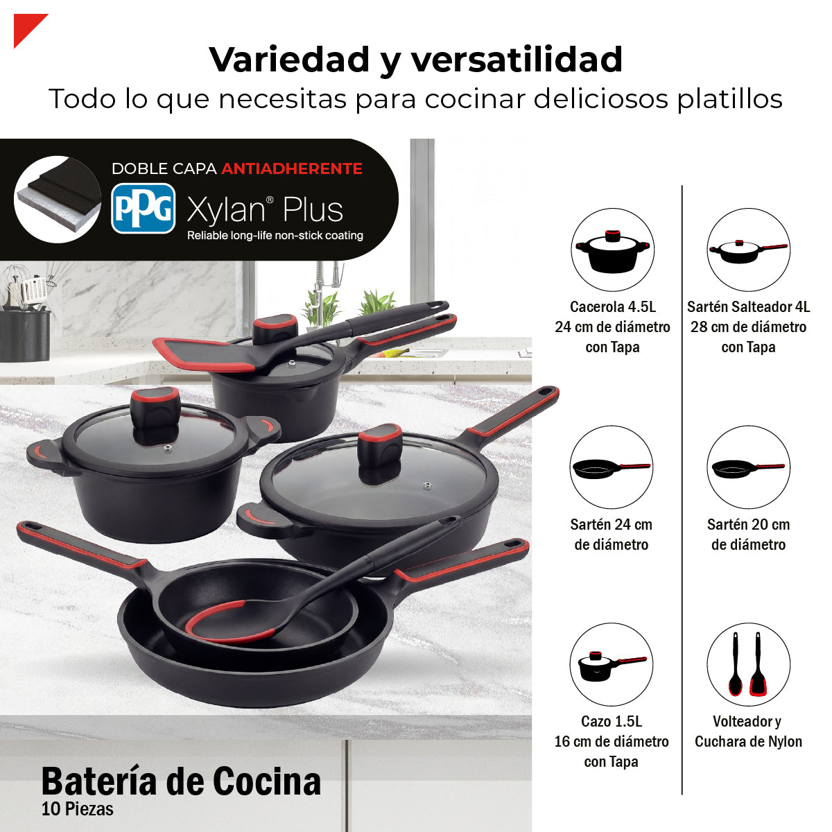 Batería de Cocina de 10 Piezas BCPS08BK de Aluminio Fundido con Antiadherente y Tapas de Vidrio