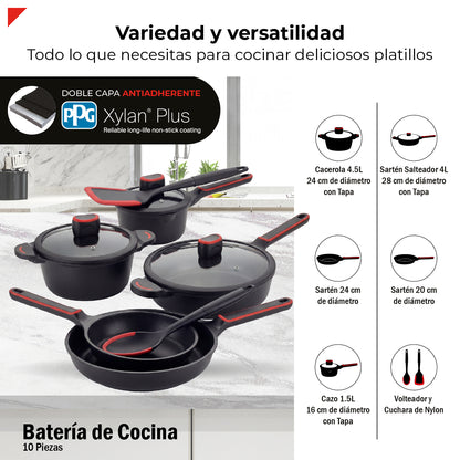 Batería de Cocina de 10 Piezas BCPS08BK de Aluminio Fundido con Antiadherente y Tapas de Vidrio