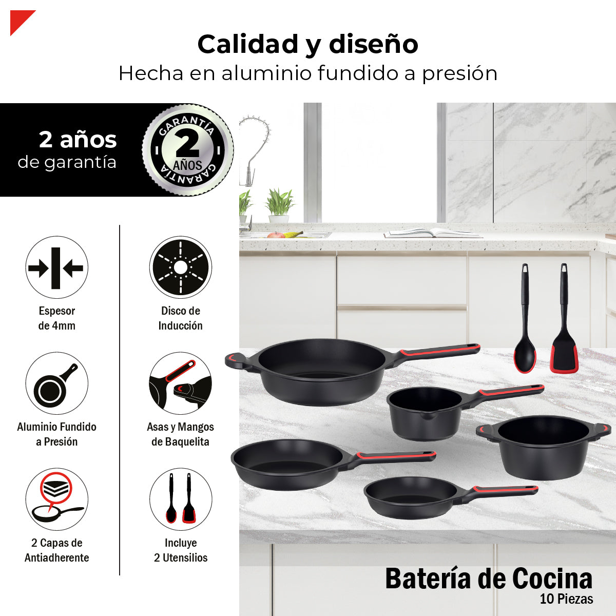 Batería de Cocina de 10 Piezas BCPS08BK de Aluminio Fundido con Antiadherente y Tapas de Vidrio