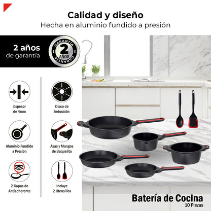 Batería de Cocina de 10 Piezas BCPS08BK de Aluminio Fundido con Antiadherente y Tapas de Vidrio