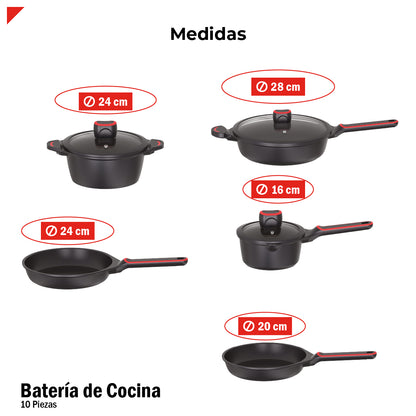 Batería de Cocina de 10 Piezas BCPS08BK de Aluminio Fundido con Antiadherente y Tapas de Vidrio