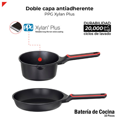 Batería de Cocina de 10 Piezas BCPS08BK de Aluminio Fundido con Antiadherente y Tapas de Vidrio