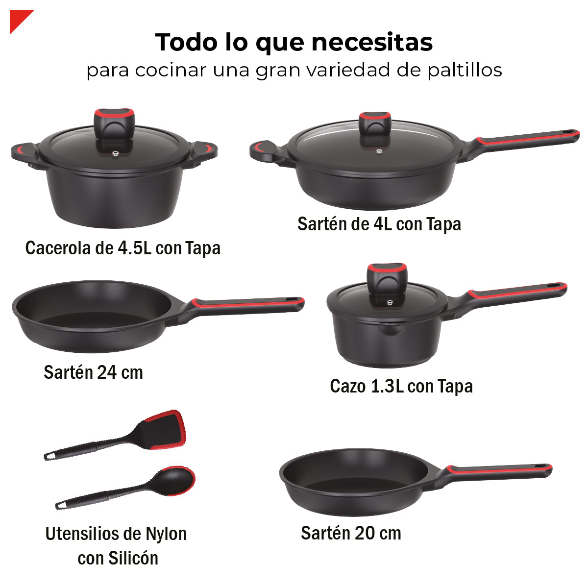 Batería de Cocina de 10 Piezas BCPS08BK de Aluminio Fundido con Antiadherente y Tapas de Vidrio