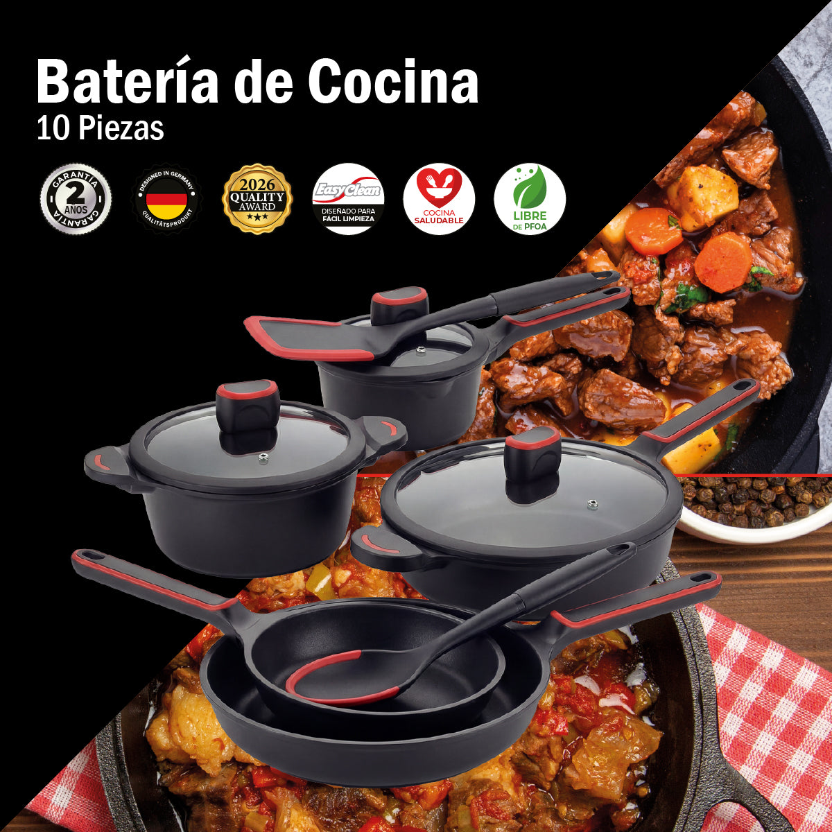 Batería de Cocina de 10 Piezas BCPS08BK de Aluminio Fundido con Antiadherente y Tapas de Vidrio