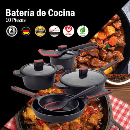 Batería de Cocina de 10 Piezas BCPS08BK de Aluminio Fundido con Antiadherente y Tapas de Vidrio