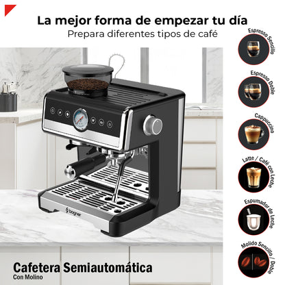 Bogner Cafetera Espresso BDCM22 20 Bares – Molinillo Integrado, Espumador de Leche, 2 Tazas, 2.6L, 2250W