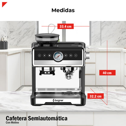 Bogner Cafetera Espresso BDCM22 20 Bares – Molinillo Integrado, Espumador de Leche, 2 Tazas, 2.6L, 2250W