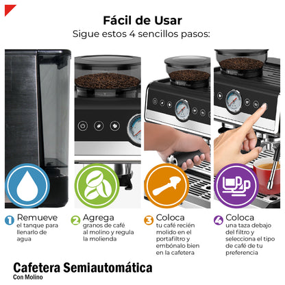 Bogner Cafetera Espresso BDCM22 20 Bares – Molinillo Integrado, Espumador de Leche, 2 Tazas, 2.6L, 2250W