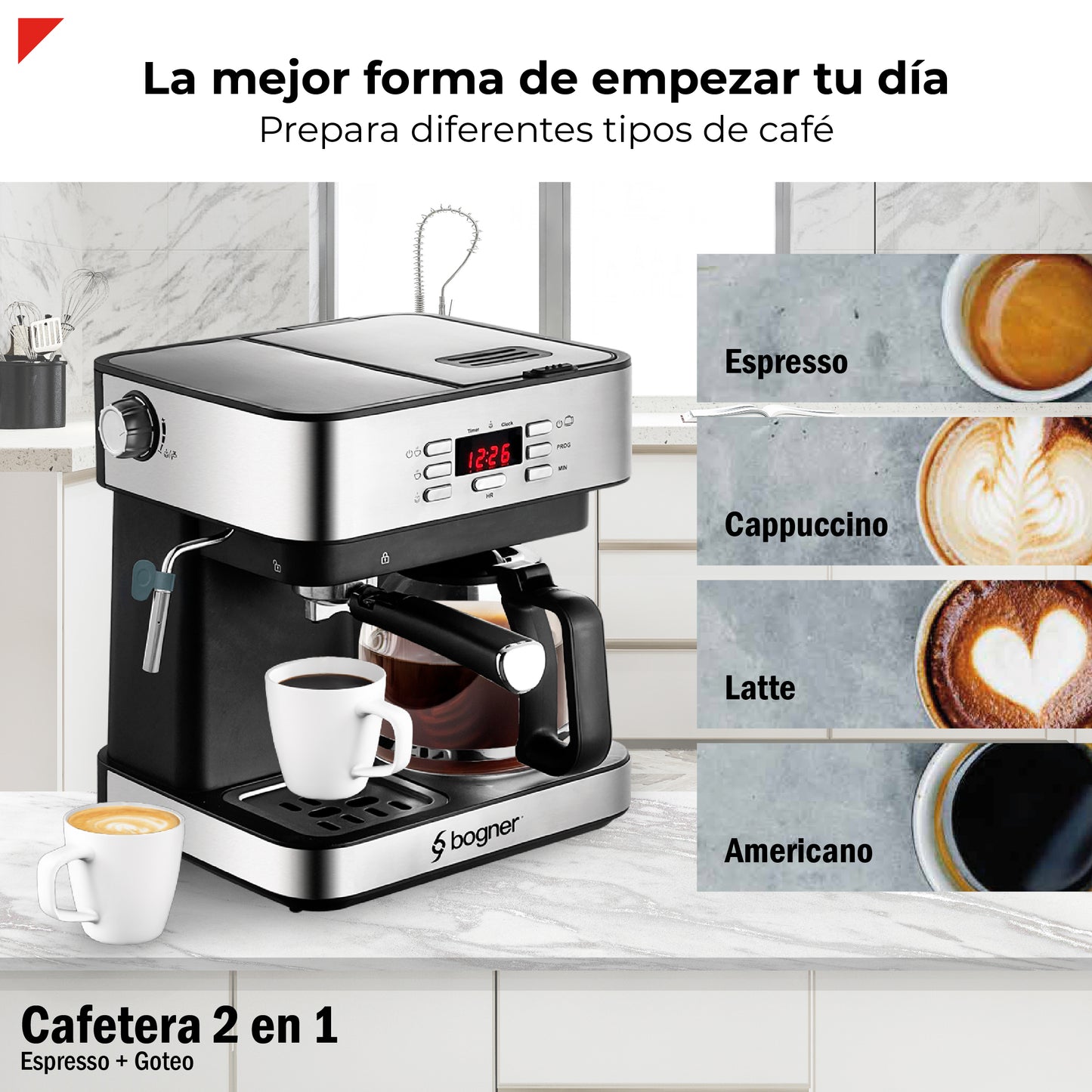 Cafetera 2 en 1 Espresso + Goteo Acero Inoxidable Bogner