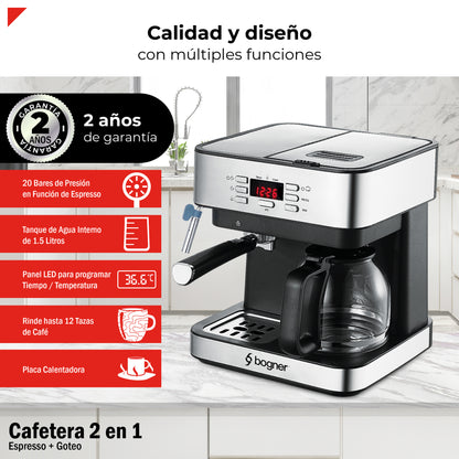 Cafetera 2 en 1 Espresso + Goteo Acero Inoxidable Bogner