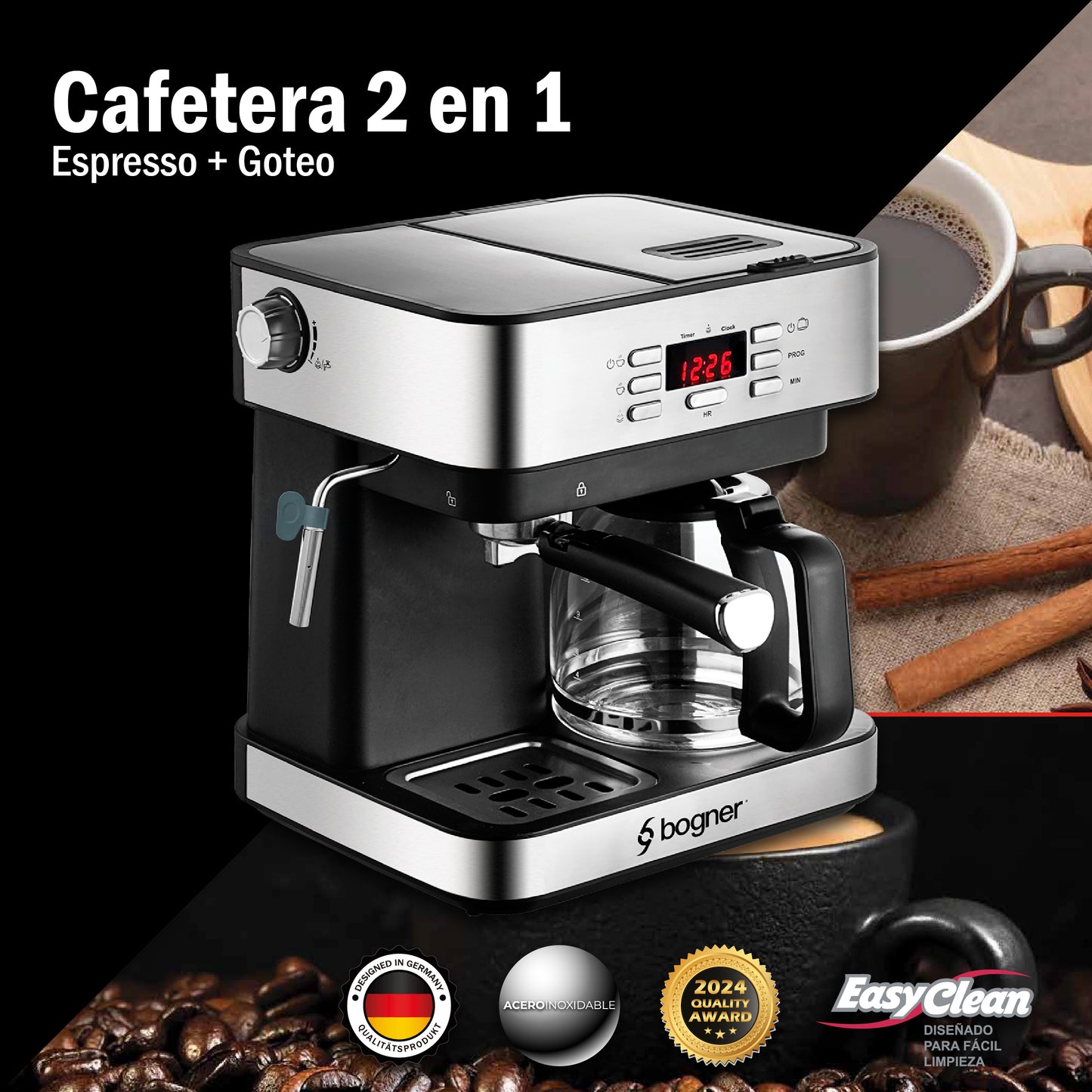 Cafetera 2 en 1 Espresso + Goteo Acero Inoxidable Bogner