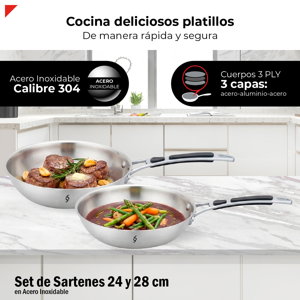 Set 2 Sartenes 24 Y 28cm Acero Inox 304 3 Ply Induccion Bogner
