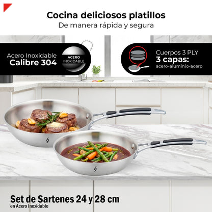 Set 2 Sartenes 24 Y 28cm Acero Inox 304 3 Ply Induccion Bogner