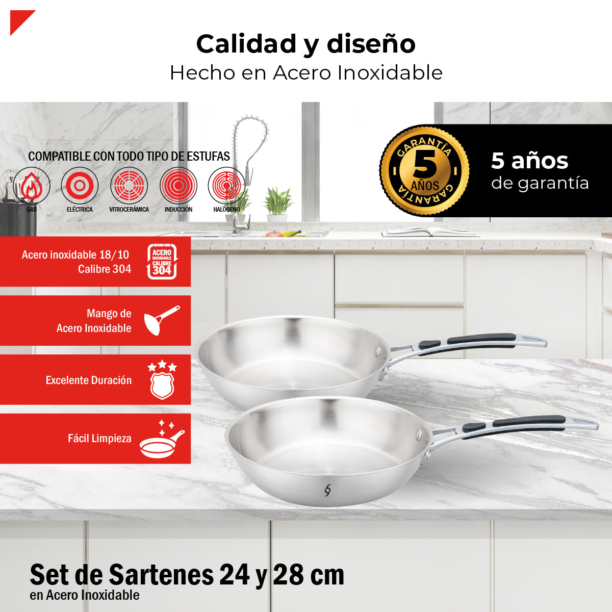 Set 2 Sartenes 24 Y 28cm Acero Inox 304 3 Ply Induccion Bogner