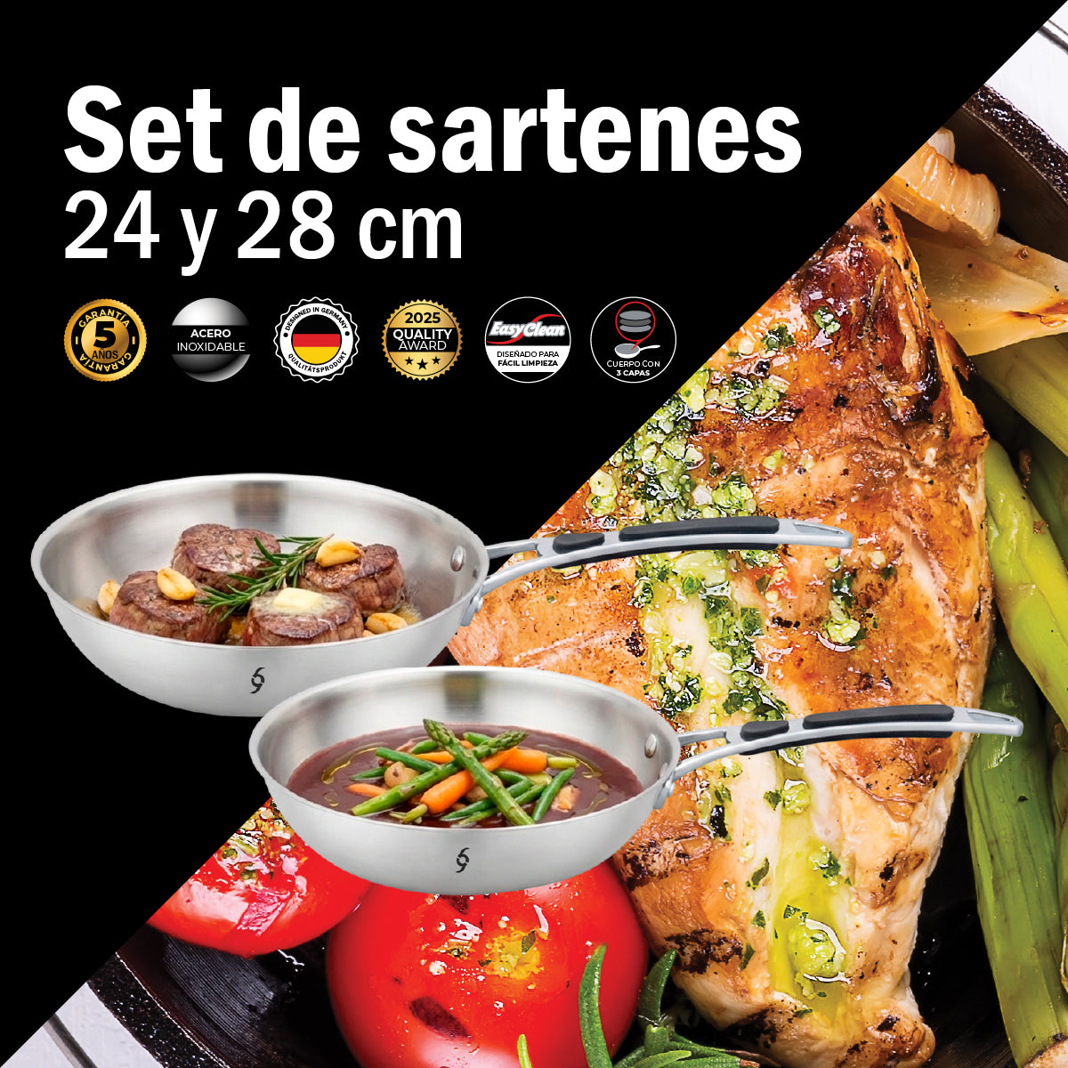 Set 2 Sartenes 24 Y 28cm Acero Inox 304 3 Ply Induccion Bogner