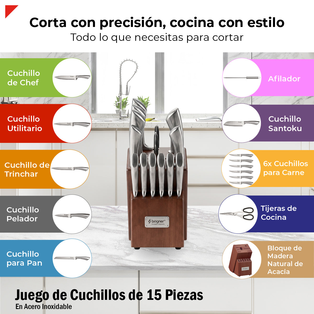 Bogner Juego De Cuchillos 15 Pz Con Bloque De Madera BKS15SS