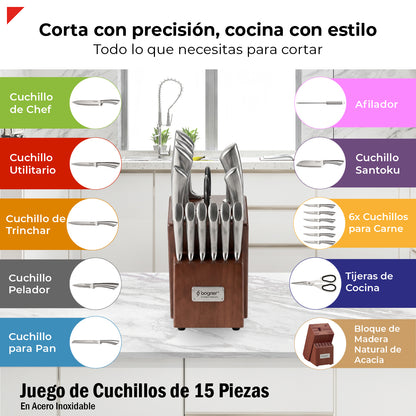 Bogner Juego De Cuchillos 15 Pz Con Bloque De Madera BKS15SS