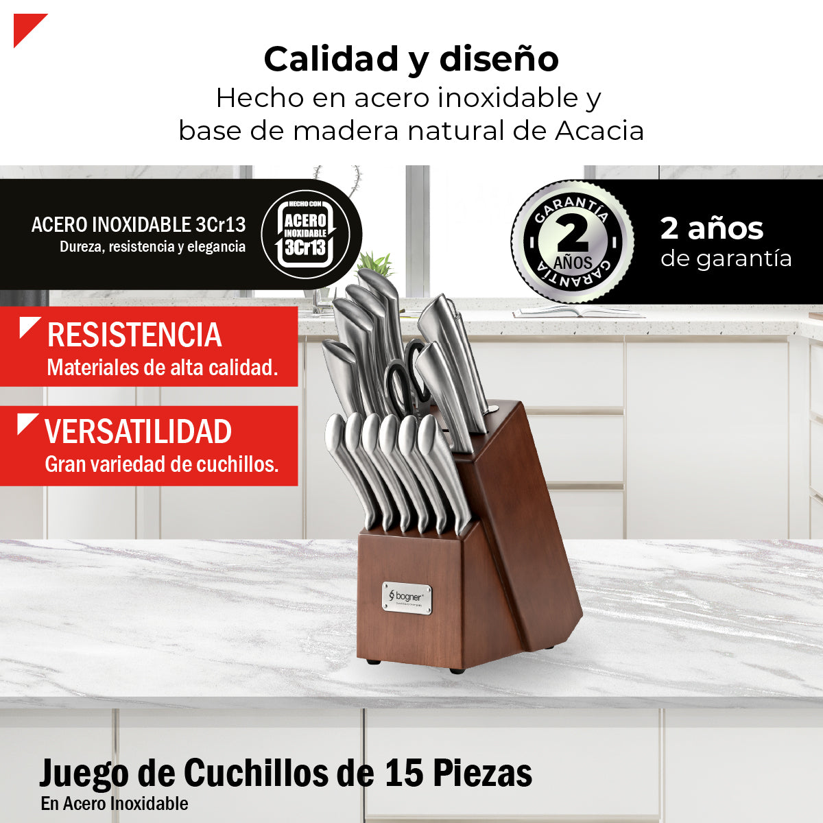Bogner Juego De Cuchillos 15 Pz Con Bloque De Madera BKS15SS