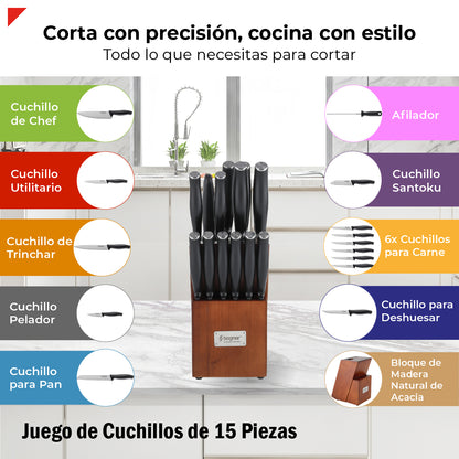 Bogner Juego De Cuchillos Con Bloque De Madera 15 Pzas BKS15