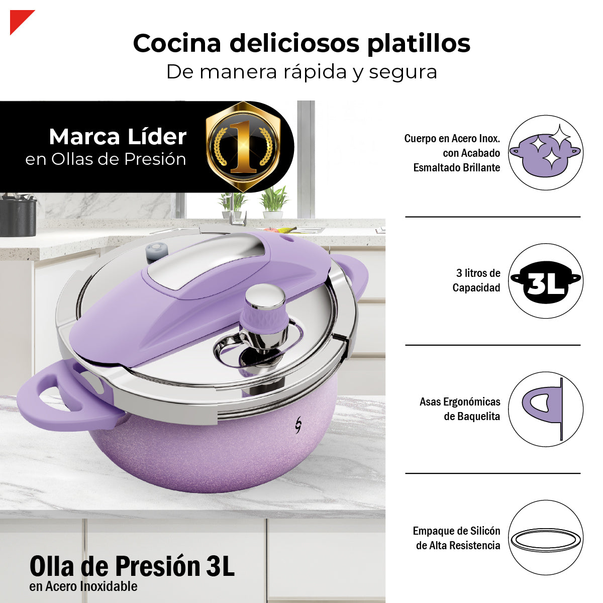 Bogner Olla De Presión 3l Acero Inox 304 Color Morado BPC03P